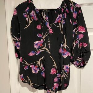 Yumi Kim Black Blouse with Pink and Purple Floral Design